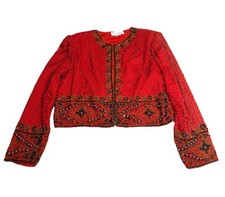 Vintage Laurence Kazar Red Beaded Black  Gold 100 Silk Jacket - Size S/M