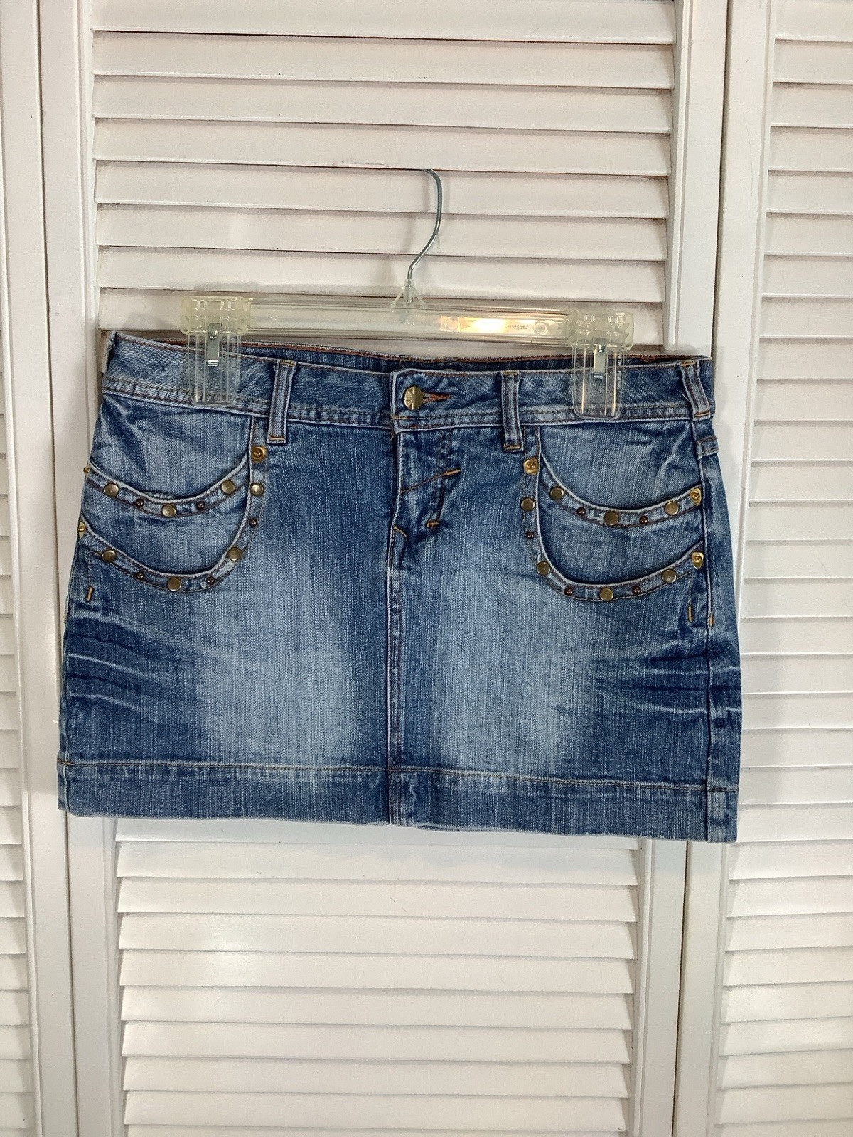 Vintage No Boundaries Y2K Low Rise Micro Mini Jean Skirt Juniors Sz 9 Studded