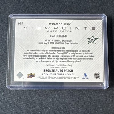 2024-25 Upper Deck Premier - Viewpoints Auto Patch Lian Bichsel #V 2024-25 Upper Deck Premier - Viewpoints Auto Patch Lian Bichsel #V