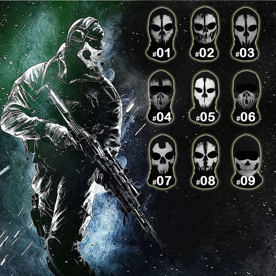 Tactical Ghost Mask Scary Skull Full Face Mask Ski Bike Hood Baclava Balaclava - Image 2 of 4