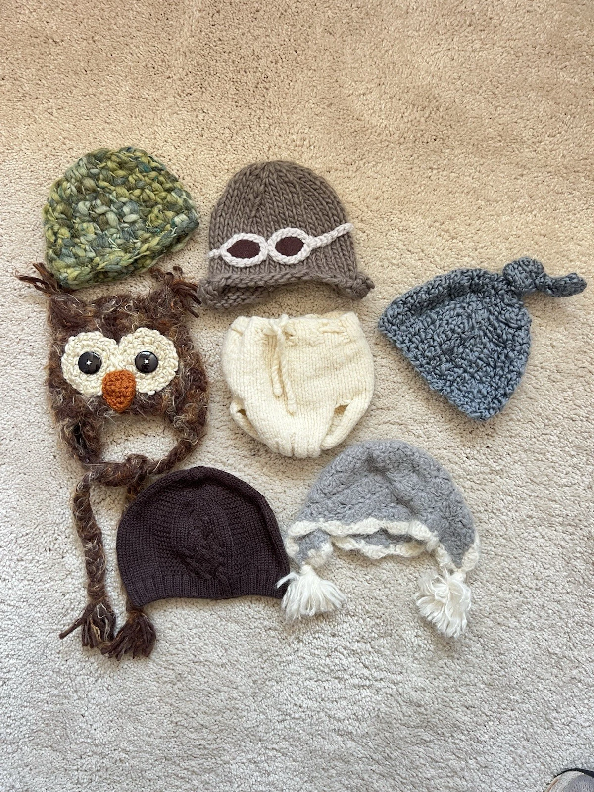 Set Of 6 Newborn Baby Boy Hats And one Cream Diaper Cover For Newborn Photos