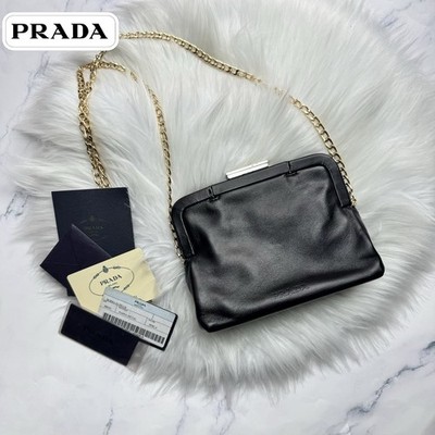 PRADA  pouch vintage BLACK  leather with chain clutch bag 2way