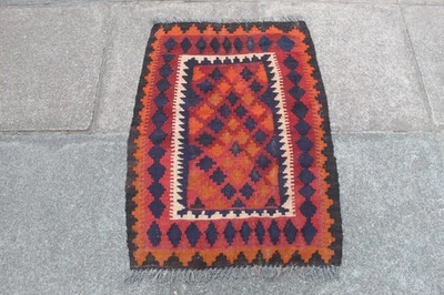 Tapis Kilim Vintage Traditionnel Fait Main Laine 93x69 cm Marron Rouge - Photo 1/4
