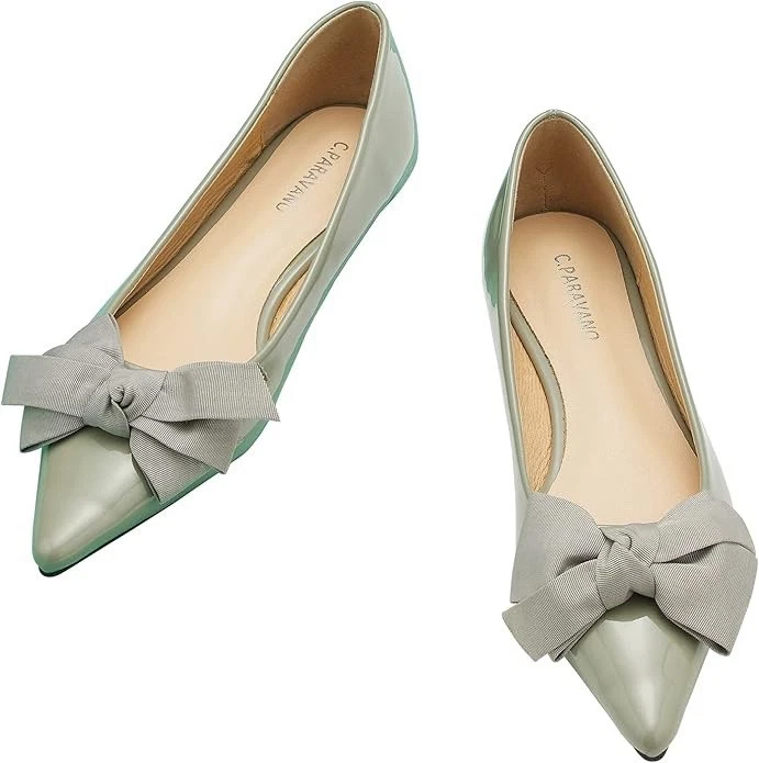 C.Paravano Women’s Pointy Bow Leather A4 Flats, 8.5, Green