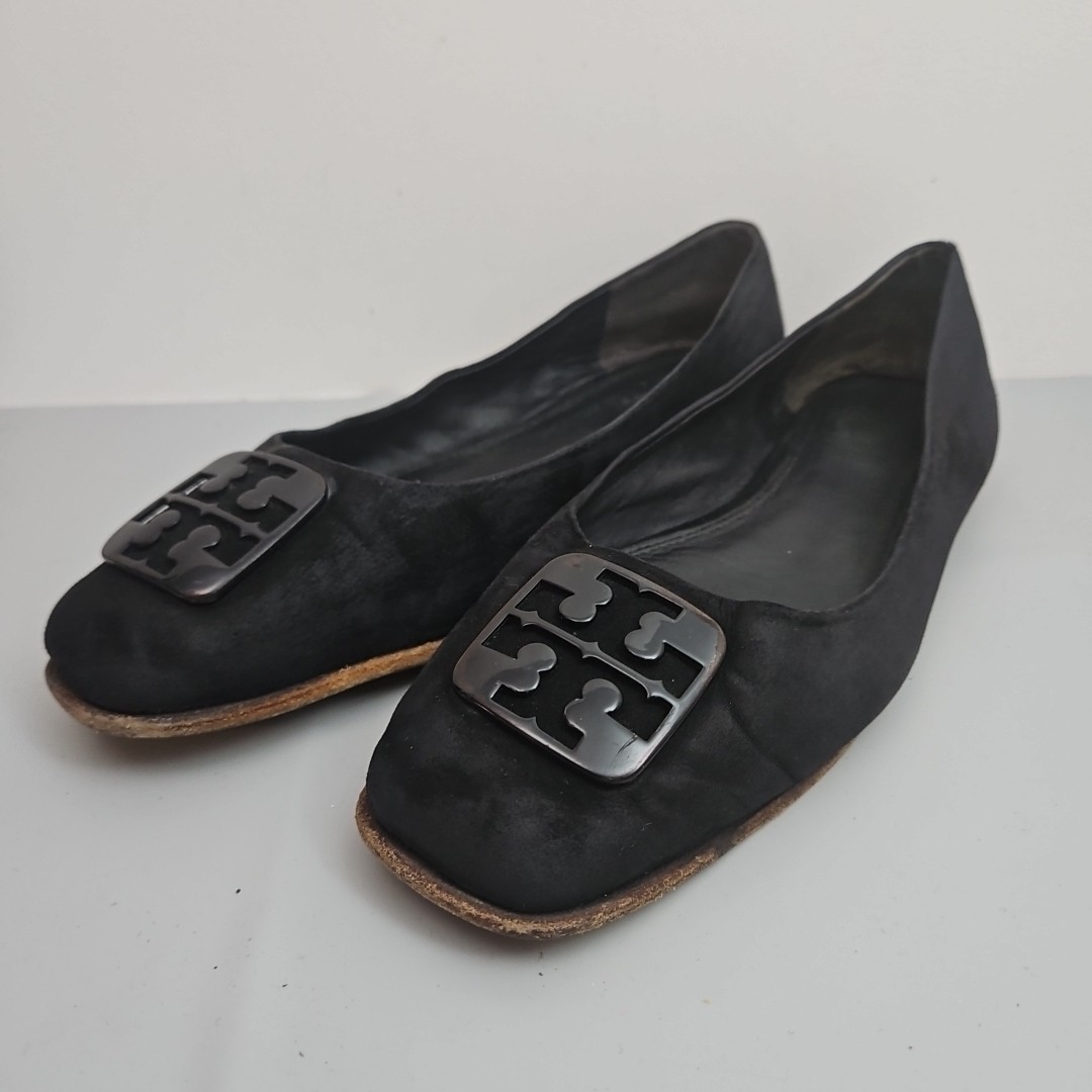 Tory Burch Georgia Ballet Flat Black Leather Suede Square Toe Logo Size 10M