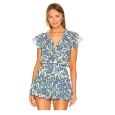 Revolve MISA Los Angeles Blue Green Floral Maria Ruffle Blouse Size Small