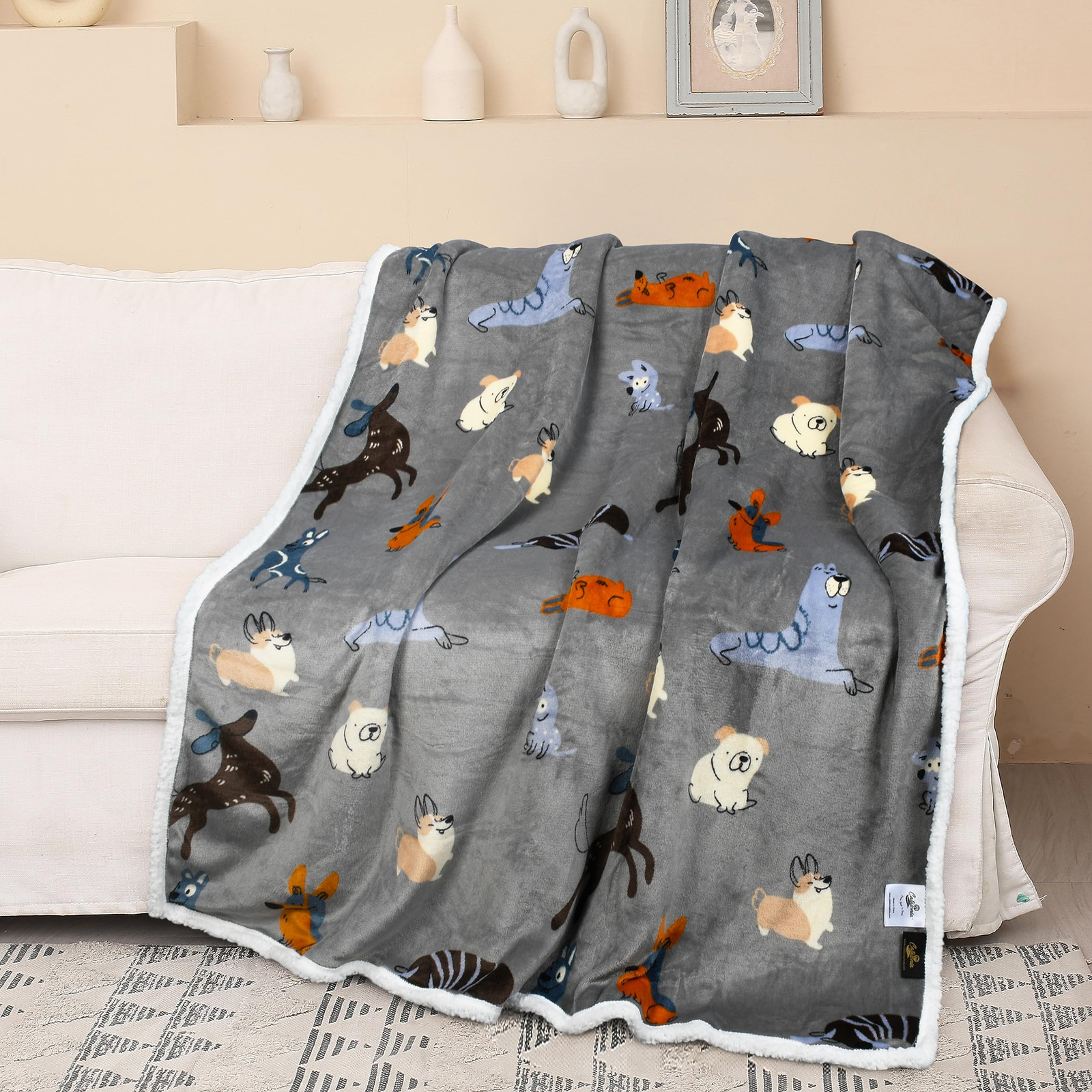 Dog Print Sherpa Fleece Throw Blanket, Soft Mink Plush Couch Blanket, Fuzzy F...
