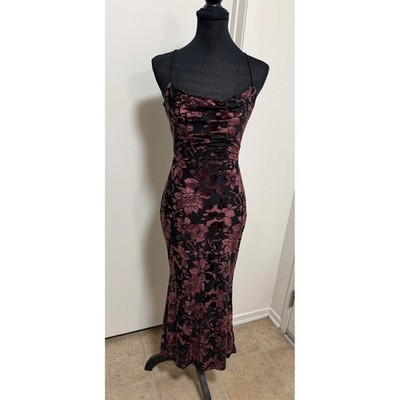 Windsor Floral Burnout Velvet Cowl Neck Lace Up Back Mdii Dress Purple Black