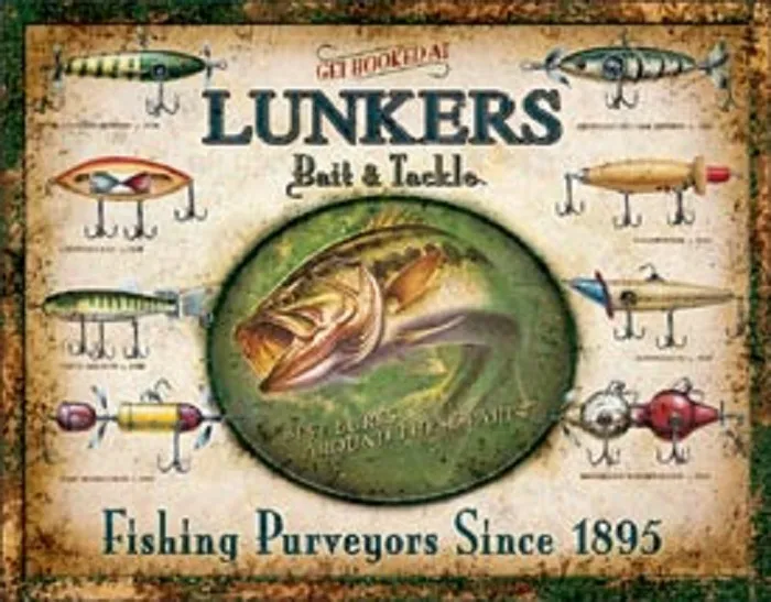 Lunkers Lures Bait And Tackle Novelty TIN SIGN Metal Vintage Fishing Poster