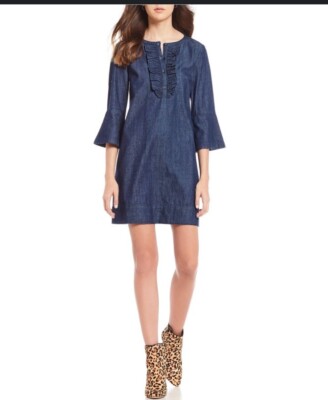 Draper James Chambray Ruffle Shift Dress Dark Wash Size NWT