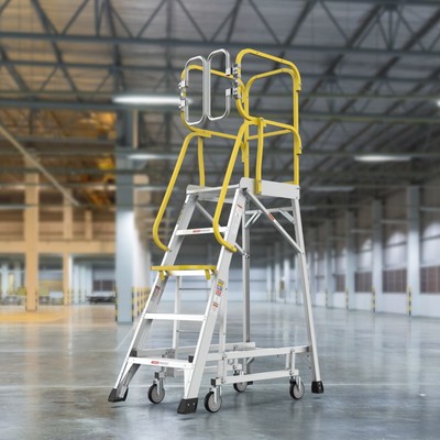 Aluminum Rolling Platform Ladder, 5 Step 375 Lbs, Reinforced with Seamless Weld