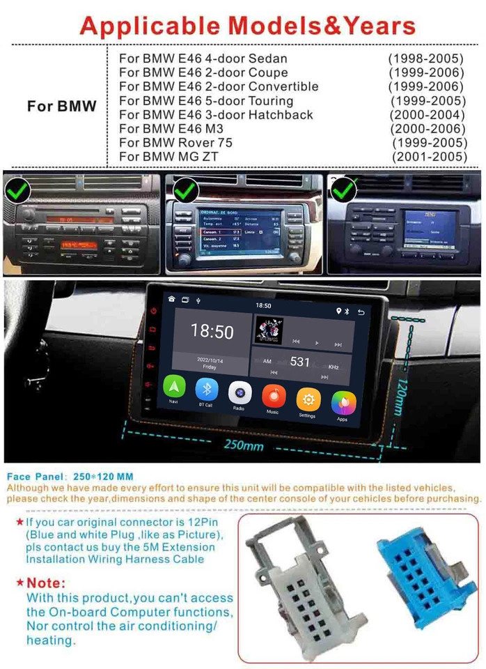  Autoradio CarPlay für BMW E46 GPS Radio Navigation DAB+ Sat Nav WIFI BT mit RDS - Bild 2 von 4