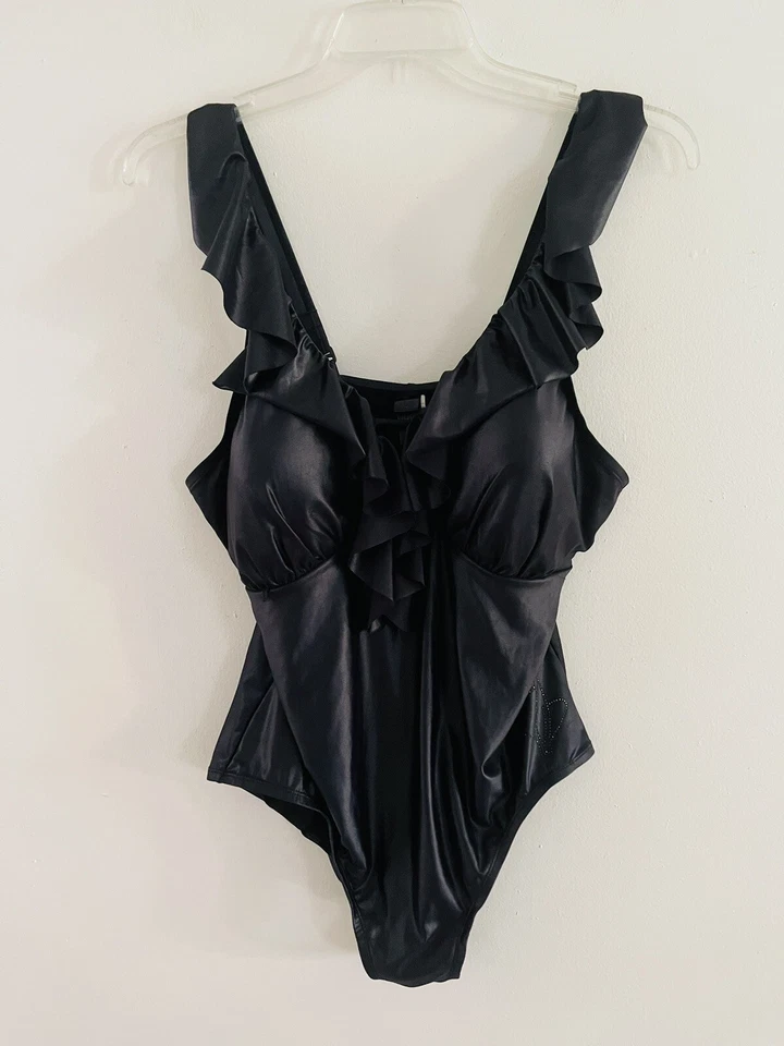Traje de baño vintage Baby Phat Kimora Lee Simmons imitación cuero negro con volantes talla 2X Foto 3 de 4