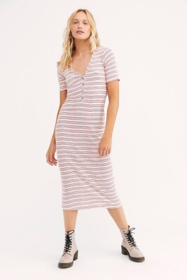 lulu henley midi dress NEW FREE PEOPLE FP BEACH Sz M LULU STRIPED HENLEY MIDI RIBBED V NECK DRESS