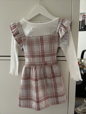 Primark Baby Girl Pink Check Ruffle Pinafore Dress White T-Shirt 12-18 Months BN