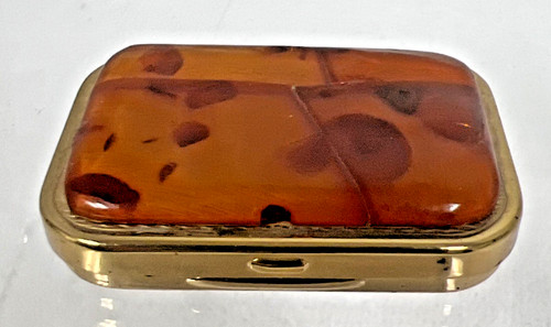 Vintage Cabochon Polished Faux Amber Gold Tone Pill Trinket Box