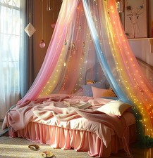 Mosquito Net Bed Canopy for Girls,Rainbow Canopy with LED Lights Bed Curtains...