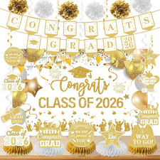 White  Gold Graduation Decorations Class of 2026 Banner Set: Congrats Grad Bann