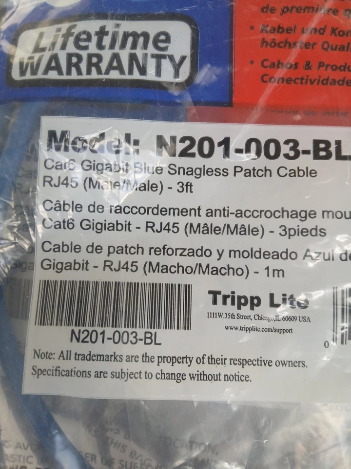 Tripp-Lite N201-003BL Cat6 Gigabit Blue Snagless Patch Cable RJ45 M/M 3ft Lot 10 - Image 2 of 4