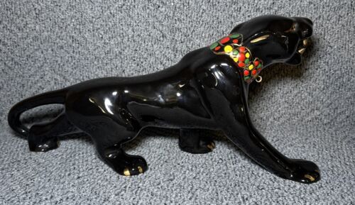 MCM Vtg Black Panther Statue Gold Jewel Tone Collar Green Jewel Eyes Mid Century - Picture 4 of 13