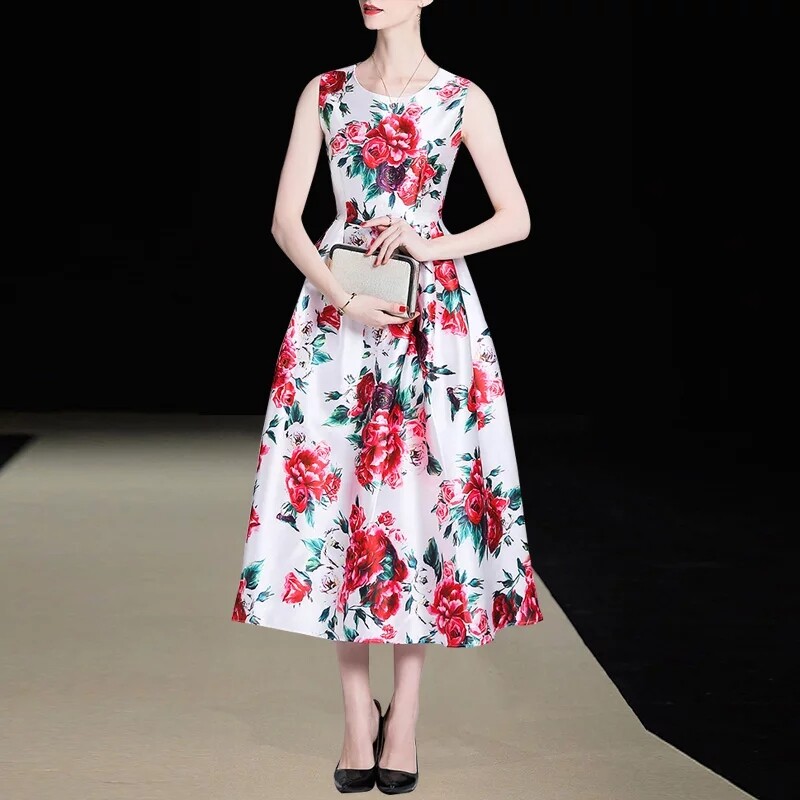 Red Rose Floral Print Skater Dress Midi Dress UK