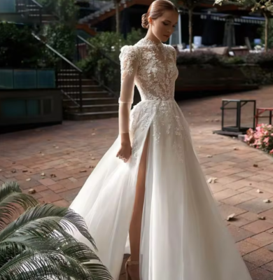 high neck bohemian wedding dress High Neck BOHO Wedding Dress,Lace Wedding Dress with Sweep Train,WD00445, US8 / White