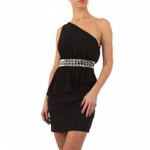 DONNA ABITO CERIMONIA WEDDING CORTO NERO TUBINO MONOSPALLA DECORI IN STRASS  SLIM | eBay