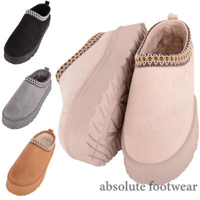 Damen Frauen leichte Slipper Plateau Pantolette mit Kunstfell innen