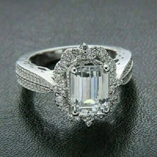 Lab-Created 2Ct Emerald Cut Diamond Women's Halo Engagement Ring 925 Silver