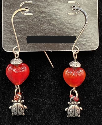 Handmade Ladybug & Red Glass Heart Bead Earrings by Neanie-Bot