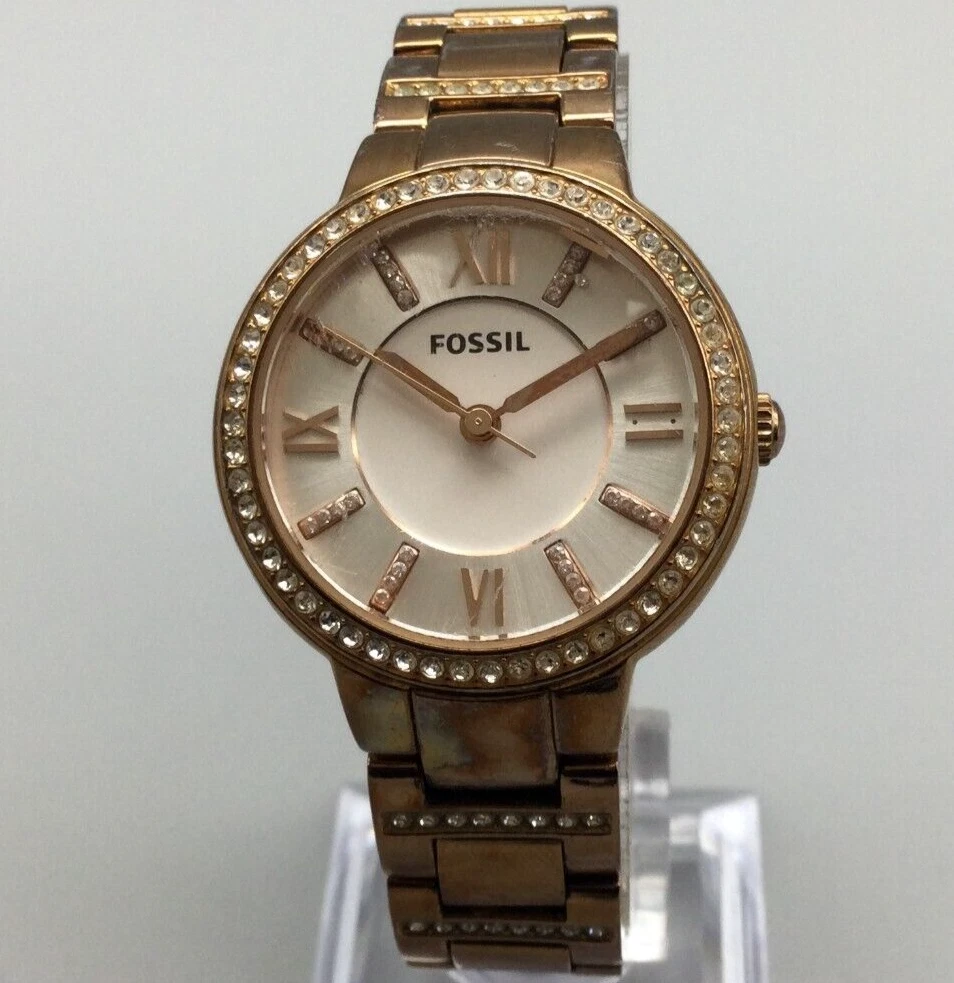 Fossil Virginia Watch Women Rose Gold Tone Pave Bezel 50M New