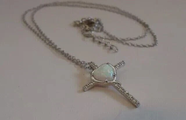 Heart Cut Simulated Fire Opal Stunning Cross Fancy Pendant 14k White Gold Plated - Image 3 of 4