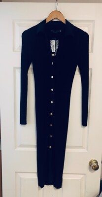 Alice + Olivia ALCINA Button Down Polo Dress Cardigan Black Stretch Midi XS New!