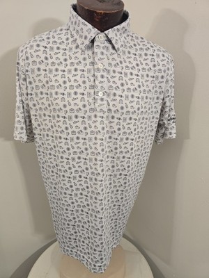 Footjoy Golf Polo Mens Large White Black Travel Print Golf Cars Planes Rockets 