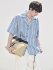 Summer Casual Retro Silk Lapel Collar Shirts Mens Short Sleeved Striped Shirts