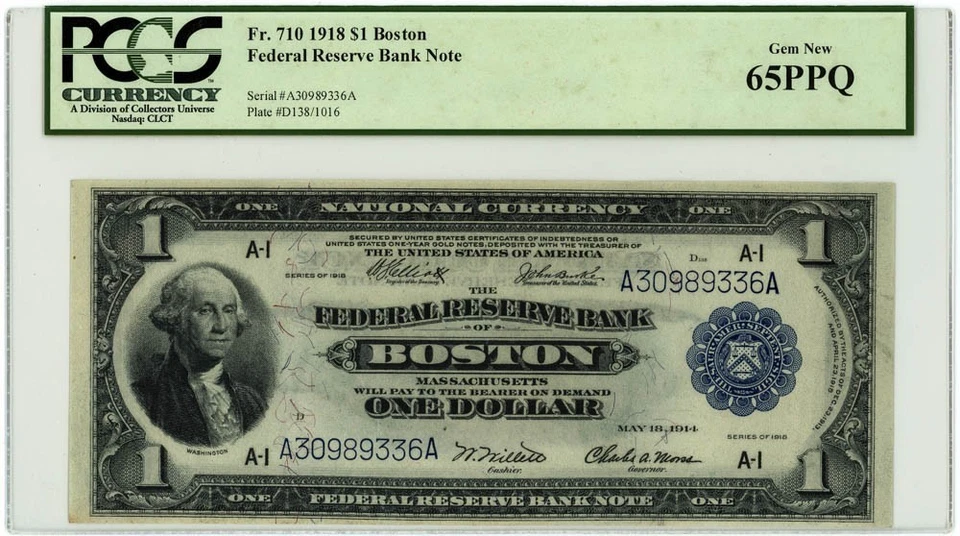 Billete de banco de la Reserva Federal FR.710 $1 1918 gema de Boston nuevo 65PPQ PCGS 950750-77