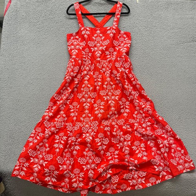 #ad Draper James Dress Womens L Red Floral Embroidered Midi Layered Criss Cross Back $22.00