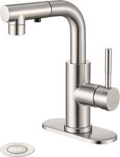 Brushed Nickel Single Handle Modern Bathroom Faucet with Pull Out Sprayer, 15.5"