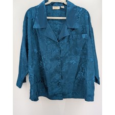 Vintage Victorias Secret Gold Label Teal Blue Floral Damask Satin Pajama Top L