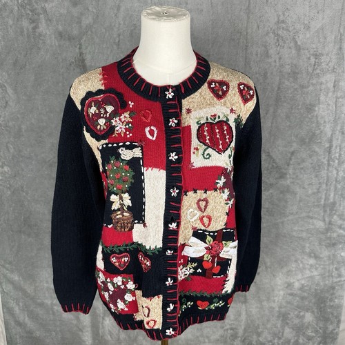 Heirloom Collectibles Sweater Cardigan Small Vintage Black Spring Hearts Cottage