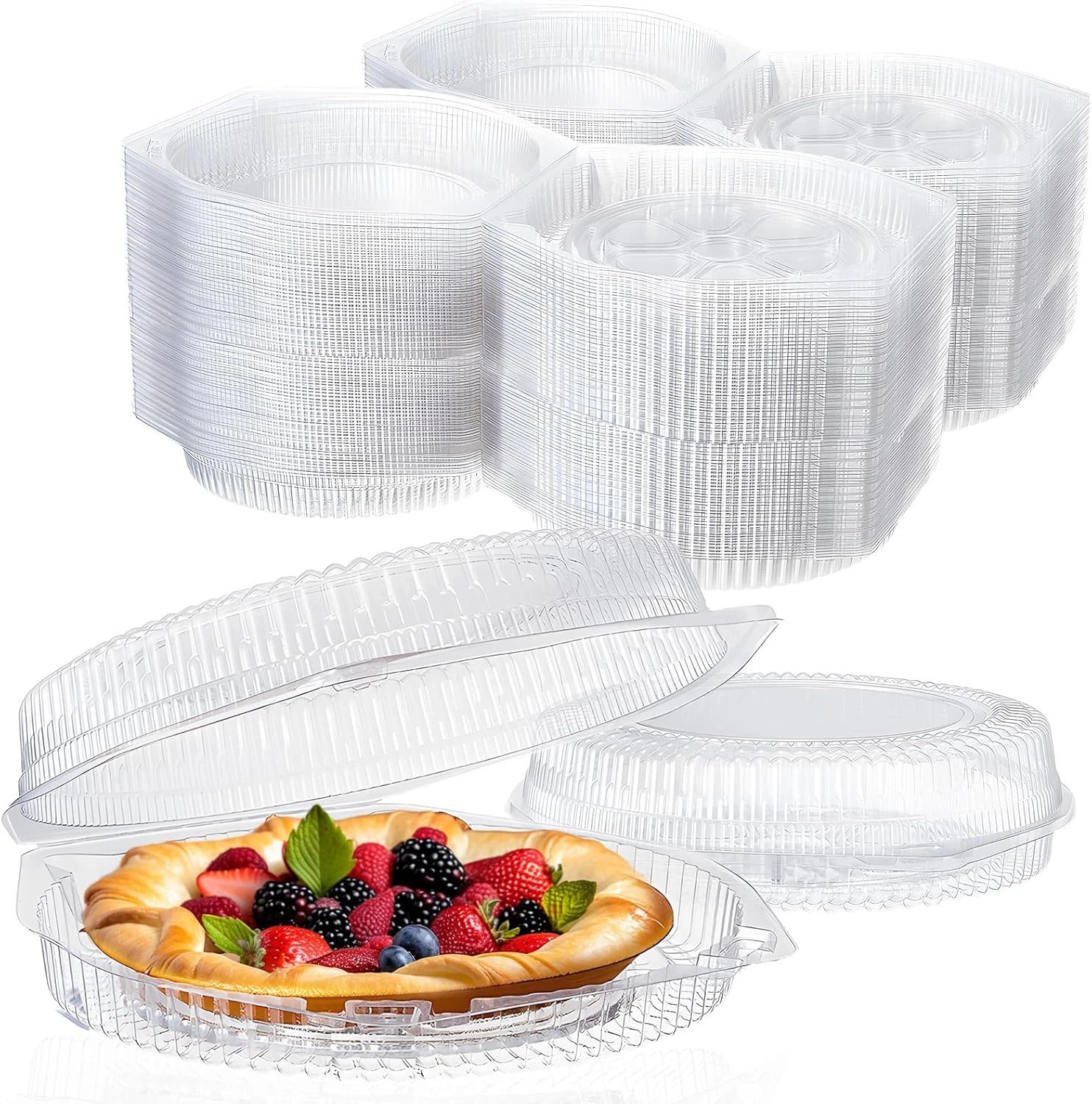 100 Pcs 9'' Clear Plastic Pie Containers with Hinged Lids for Desserts