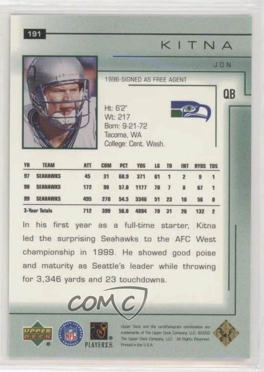 2000 Upper Deck Encore Jon Kitna #191 - Image 2 of 2