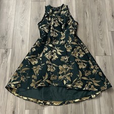Adrianna Papell Women Ruffled Metallic Jacquard Dress Sz 14 Green Gold Cocktail