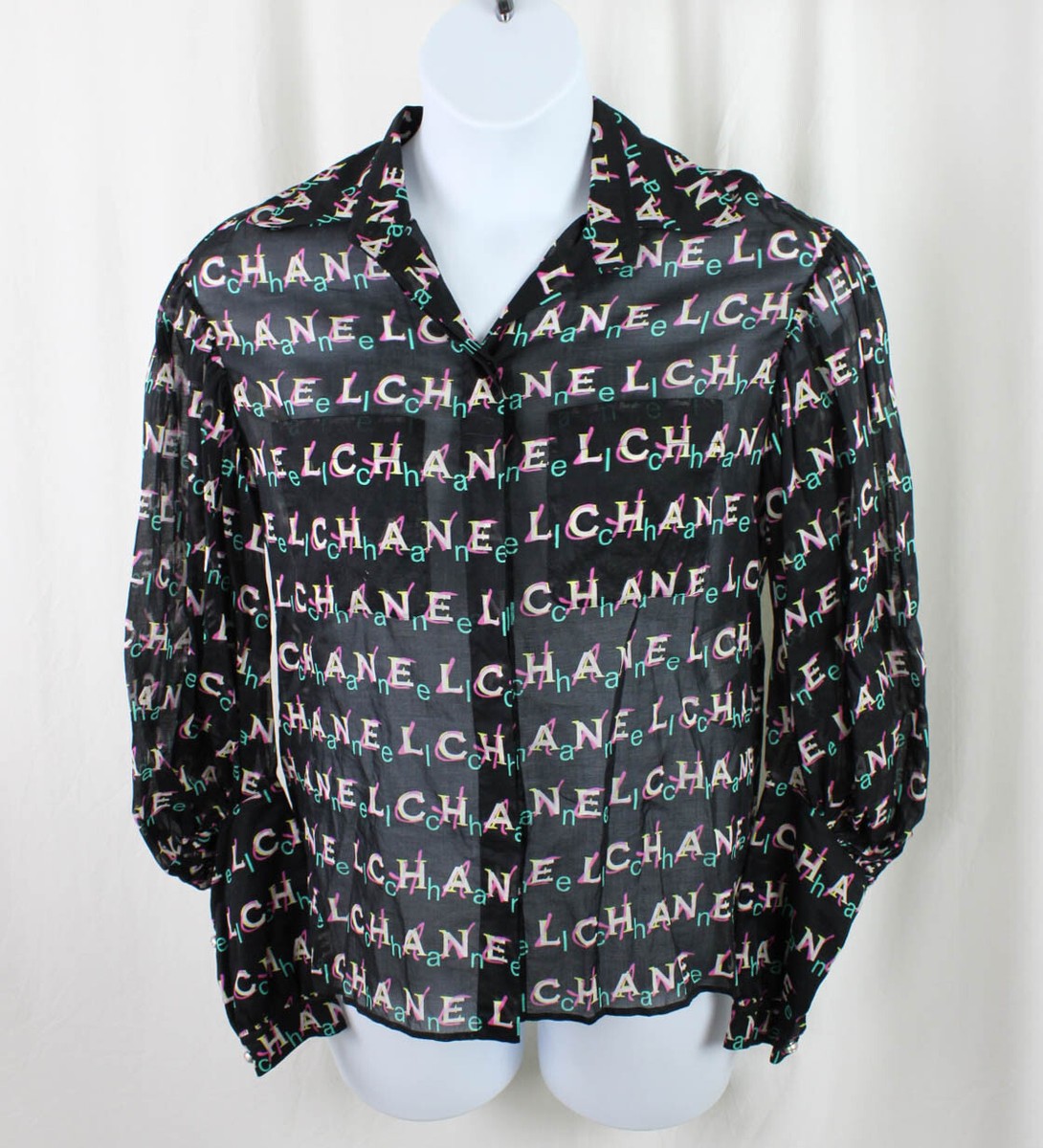 Chanel Auth NWOT Black Multi Logo Print Cotton Button Down Chanel Auth NWOT Black Multi Logo Print Cotton Button Down