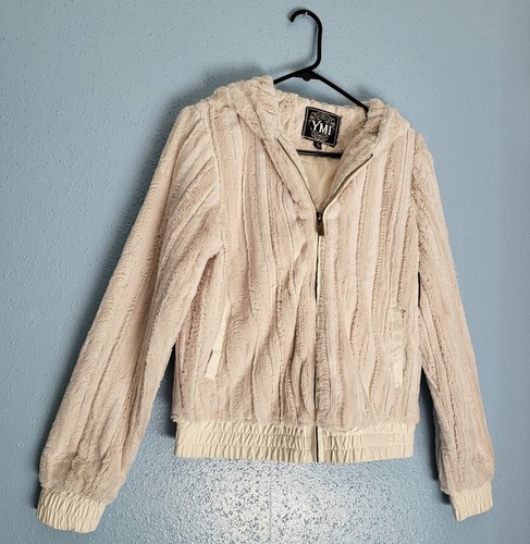YMI Cream Hooded Zippered Jacket Large Faux Fur - Picture 2 of 12