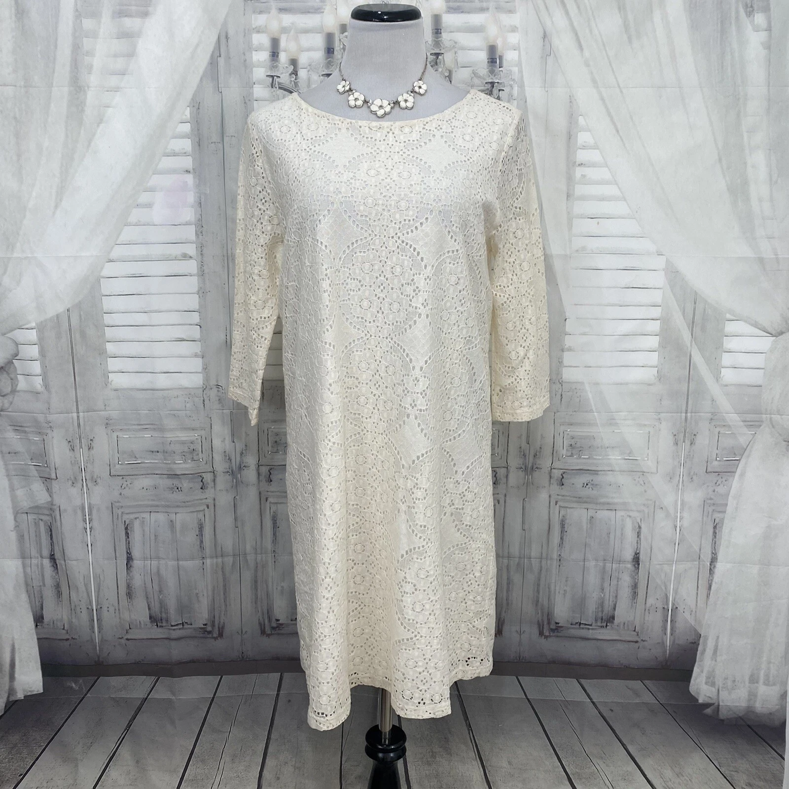 OFF WHITE Abito da barca foderato in pizzo Everly taglia grande crema avorio manica a 3 4 B33