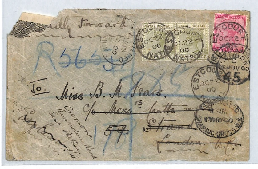 Sudáfrica NATAL Cubierta *Estcourt* 1900 CDS Reg'd Forwarded COUTTS Londres XJ179 Foto 2 de 4