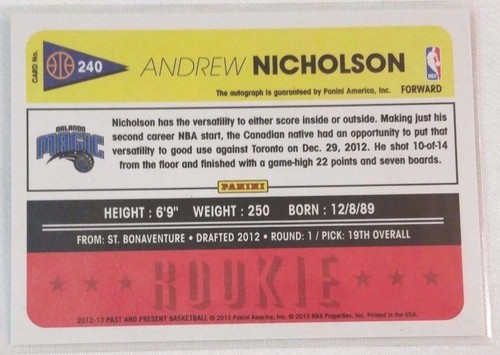 Andrew Nicholson 2012-13 Panini Past & Present Firme RC #240 auto Magic - Foto 3 di 3