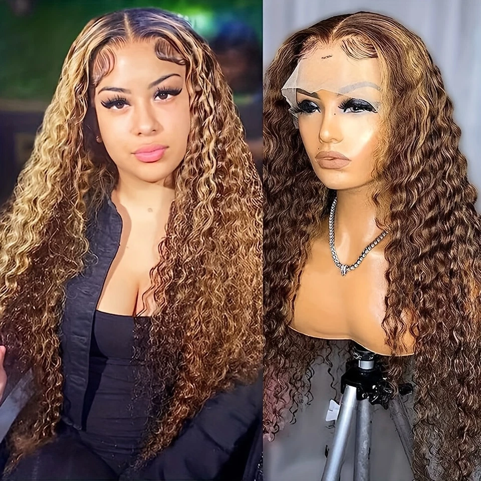 Pelucas delanteras de encaje de cabello con reflejos de ombre rubio marrón largas sueltas rizadas para mujer fiesta Foto 3 de 4