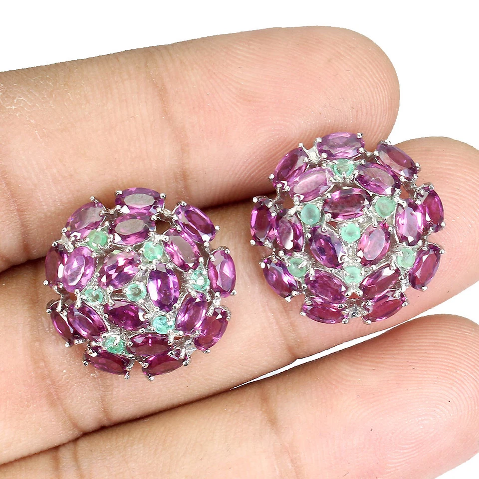 Pendientes de plata de ley 925 ovalados rodolita granate esmeralda piedras preciosas joyería Foto 2 de 4